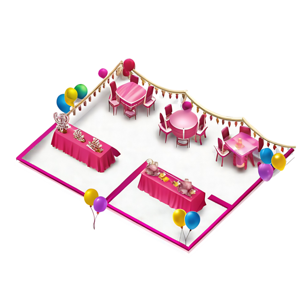 Pink Party Setup with Tables Chairs Balloons and Decorations for a Festive Event png