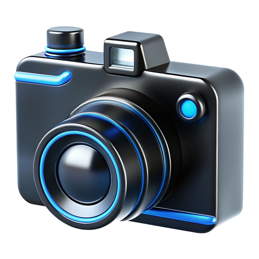Futuristic transparent Camera with Blue Neon Lights 3D Render High Resolution Technology Gadget Digital Photography Equipment Modern Device png
