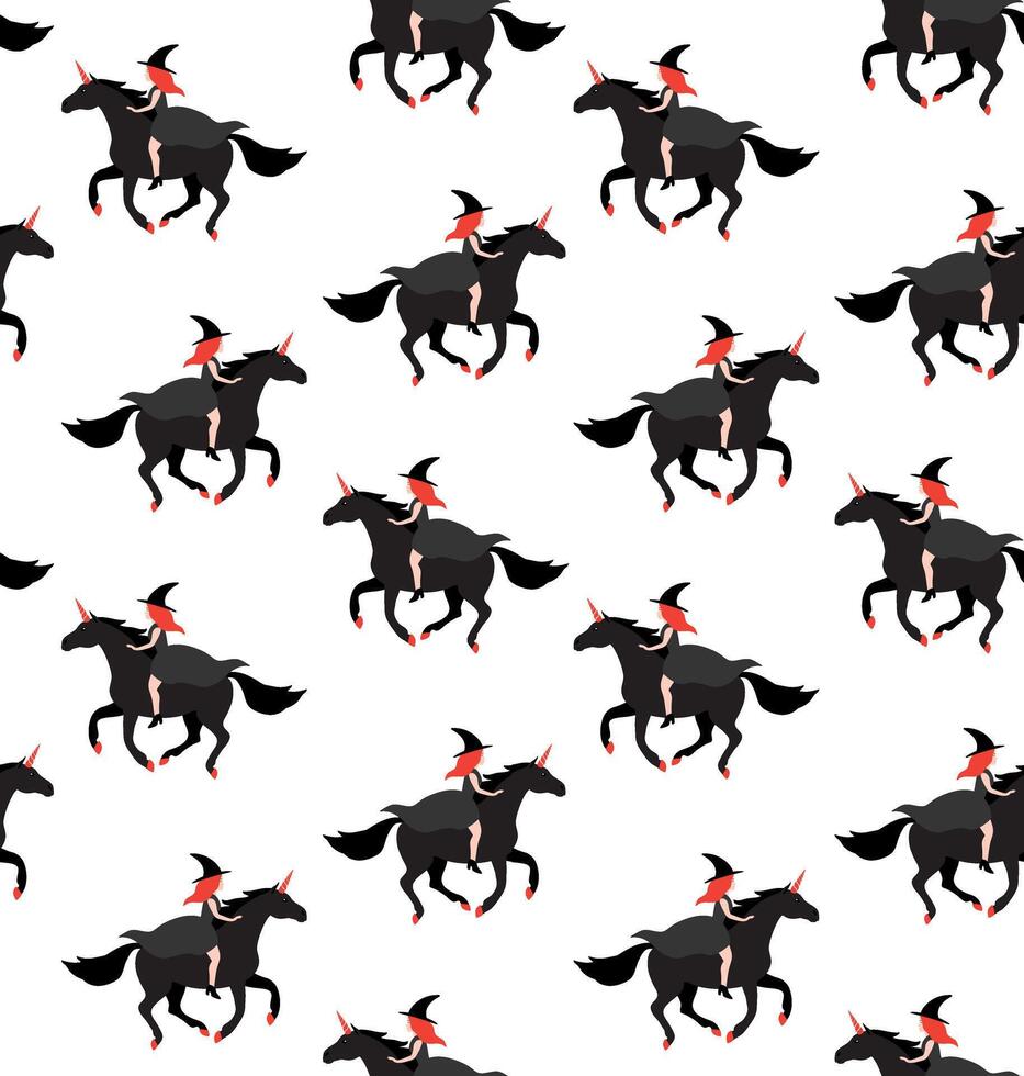 Flat cartoon witch riding unicorn pattern vector