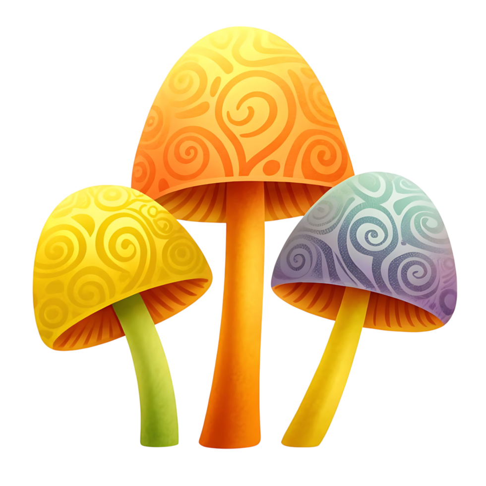 Three Colorful Fantasy Mushrooms with Swirling Patterns on transparent Background png
