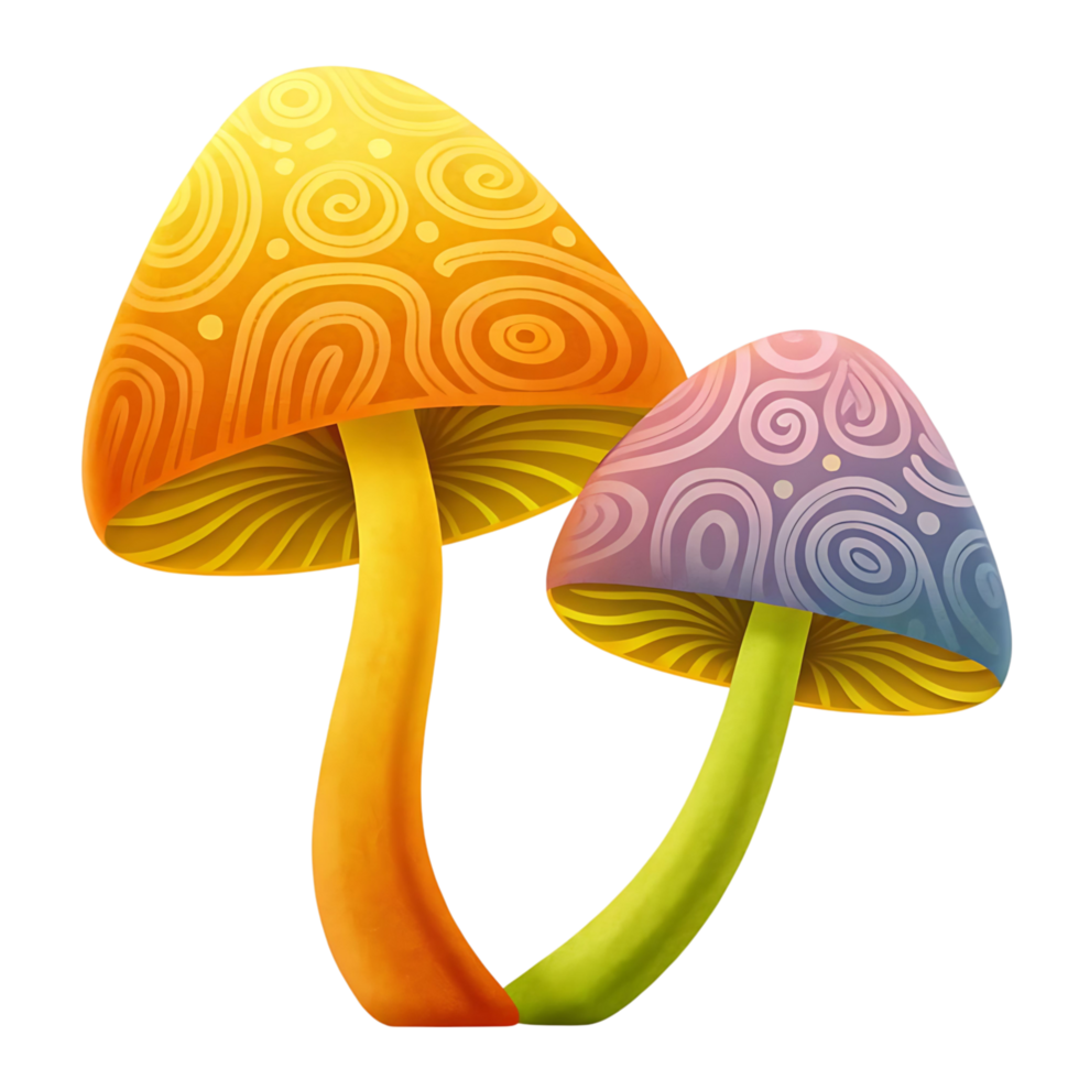Two Colorful Fantasy Mushrooms with Swirling Patterns on transparent Background png