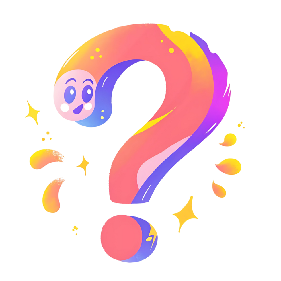 Adorable Cartoon Question Mark Character with Colorful Gradient Design and Sparkling Elements png