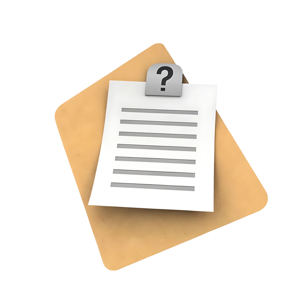 A Beige Clipboard with a Blank White Paper and a Question Mark png