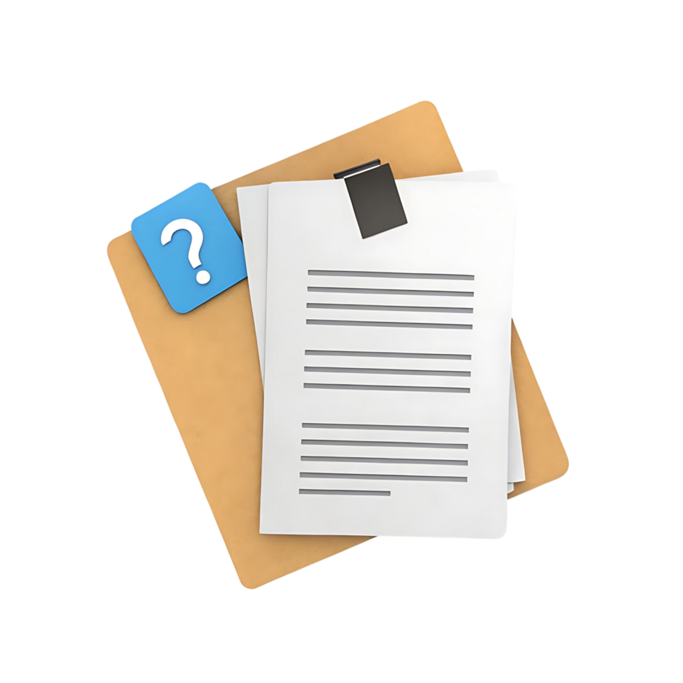 3D Render of a Beige Folder with White Papers and a Blue Question Mark png