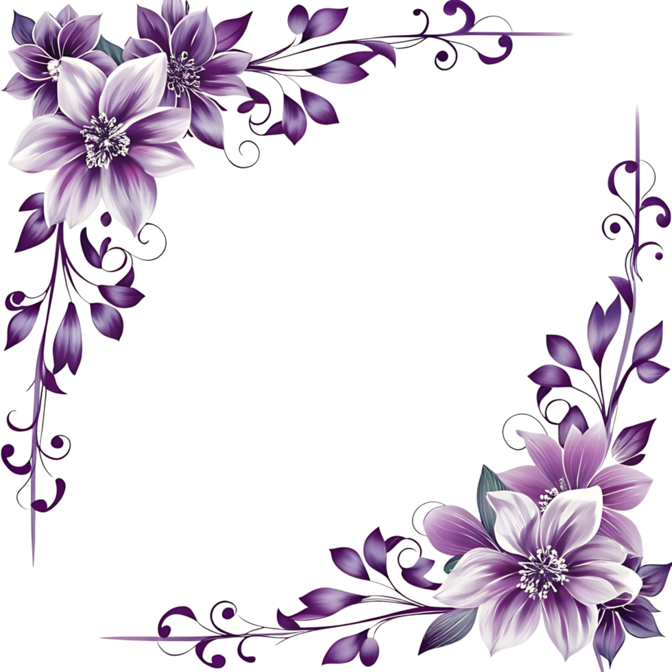 Elegant Purple Floral Corner Frame Design with Swirls and Leaves png