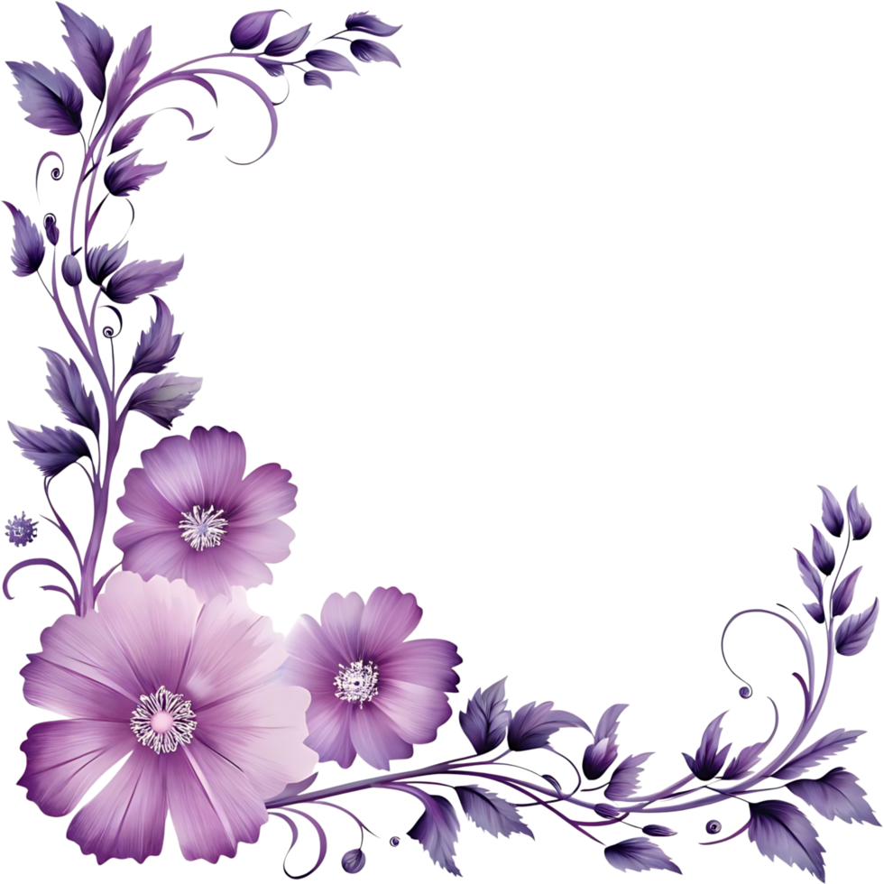 Elegant Purple Floral Corner Design with Delicate Leaves and Flowers png