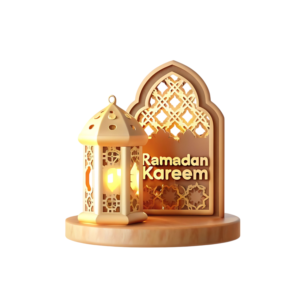 Ramadan Kareem 3D Render Golden Lantern and Arch Festive Islamic Greeting Card png