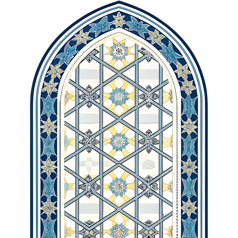 Stunning Blue and Yellow Islamic Geometric Arch Window Design Featuring Intricate Floral Patterns and Starburst Motifs png