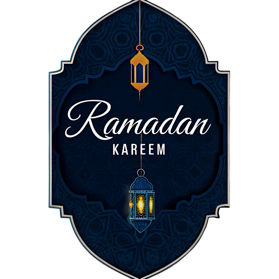 Ramadan Kareem Elegant Festive Design with Hanging Lanterns and Intricate Blue Ornamentation png