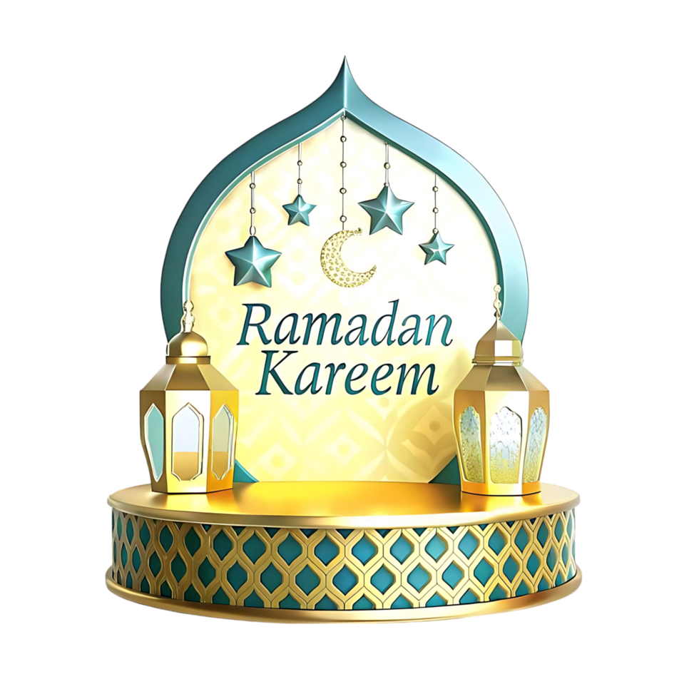 Elegant Ramadan Kareem 3D Render with Golden Lanterns and Teal Accents png