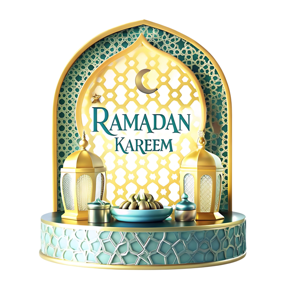 Ramadan Kareem Festive Celebration Elegant 3D Render Gold Teal Islamic Lanterns Dates Moon Star png
