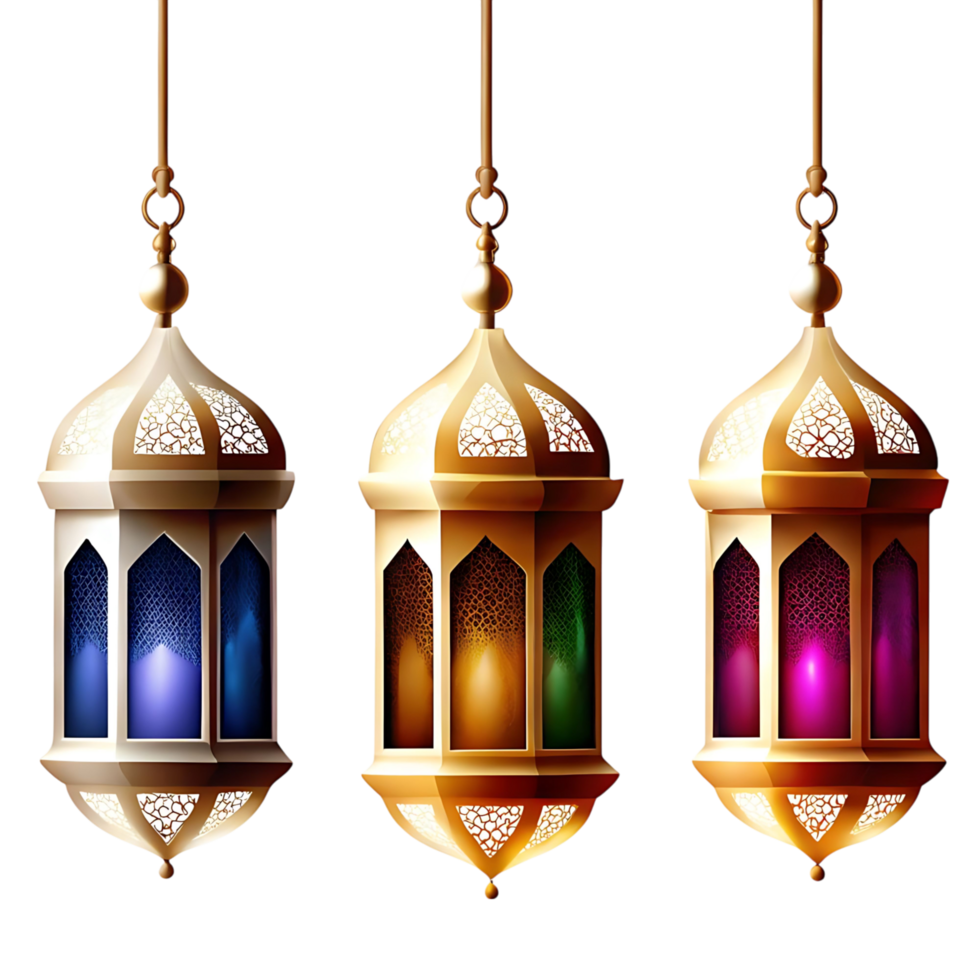 Three Elegant Golden Hanging Lanterns with Colorful Lights for Ramadan png