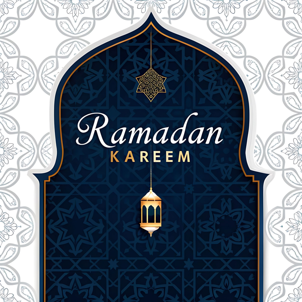 Elegant Ramadan Kareem Greeting Card with Intricate Islamic Patterns and Golden Lantern png