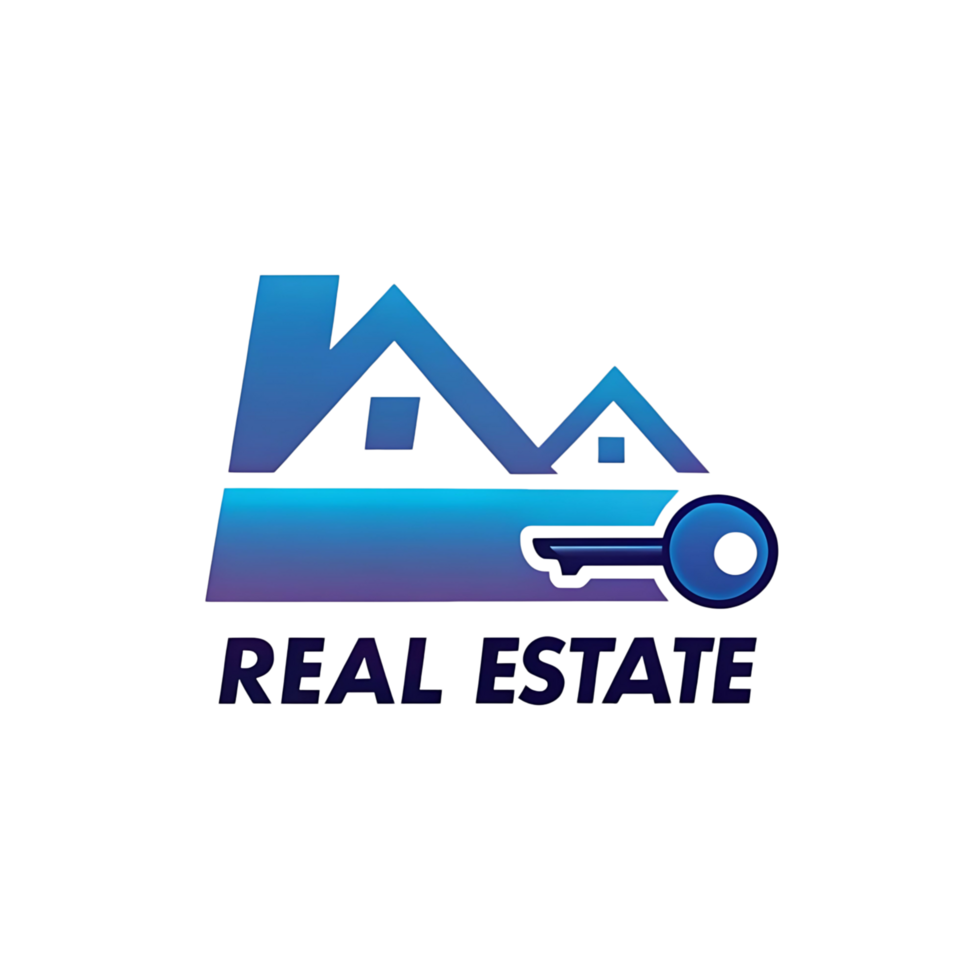 Real Estate Logo Design Featuring Two Houses and a Key Gradient Blue Color Scheme png