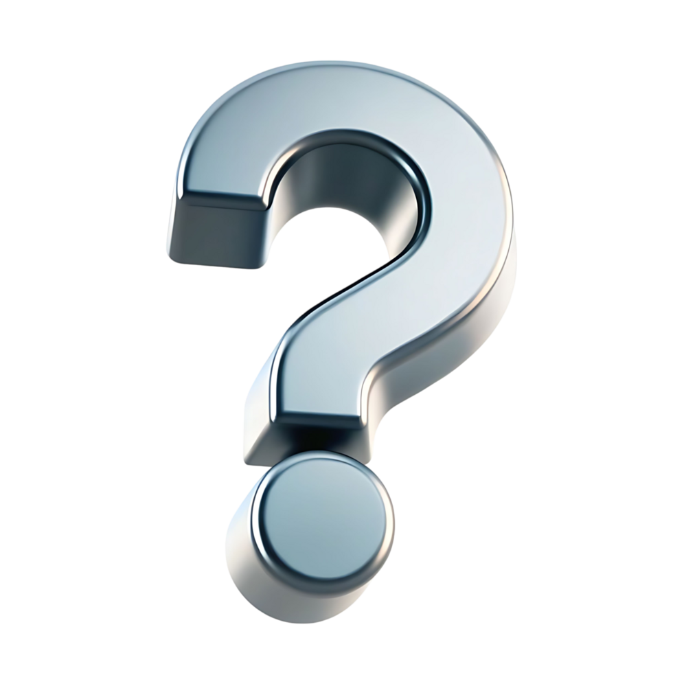 A 3D rendered metallic question mark on a transparent background a symbol of inquiry doubt and uncertainty png