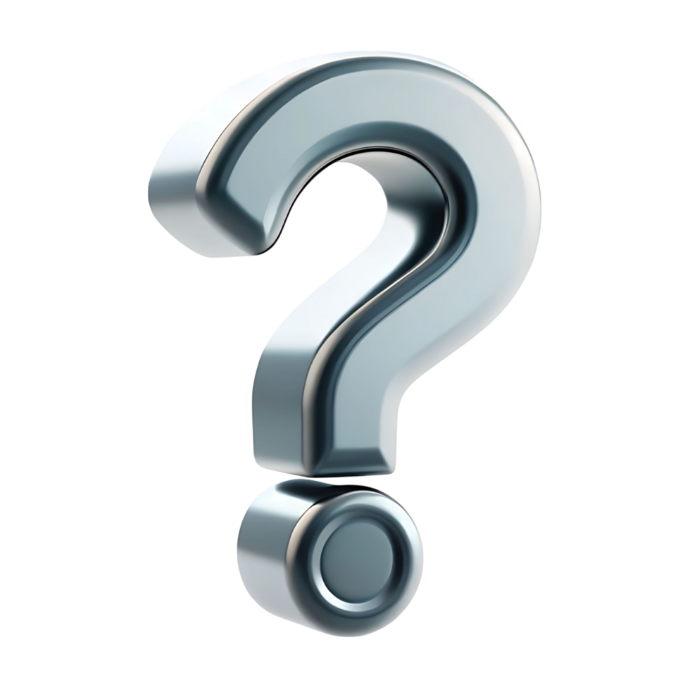 Three dimensional metallic question mark symbol with a circular base on a transparent background png