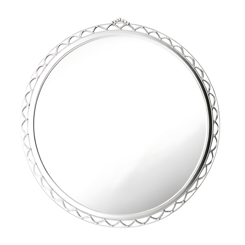 Elegant Round Silver Tray with Intricate Decorative Border for Serving and Display png