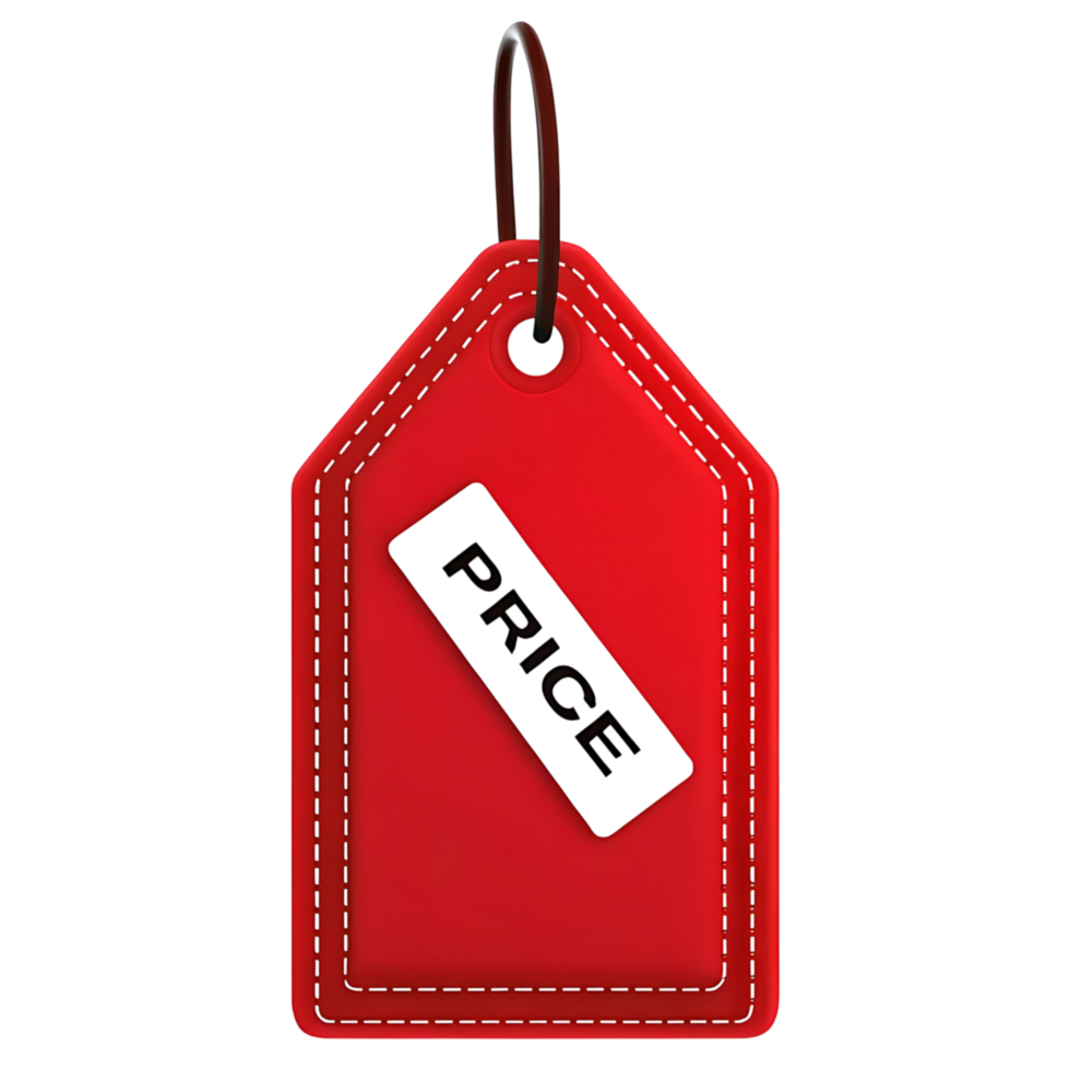 Red Leather Price Tag with transparent Label and String for Merchandise Pricing and Sales png
