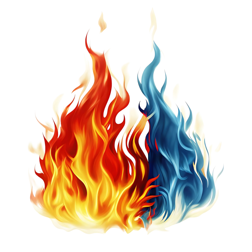 Fiery Abstract Artwork of Red and Blue Flames Intertwined with Yellow Highlights on transparent Background png