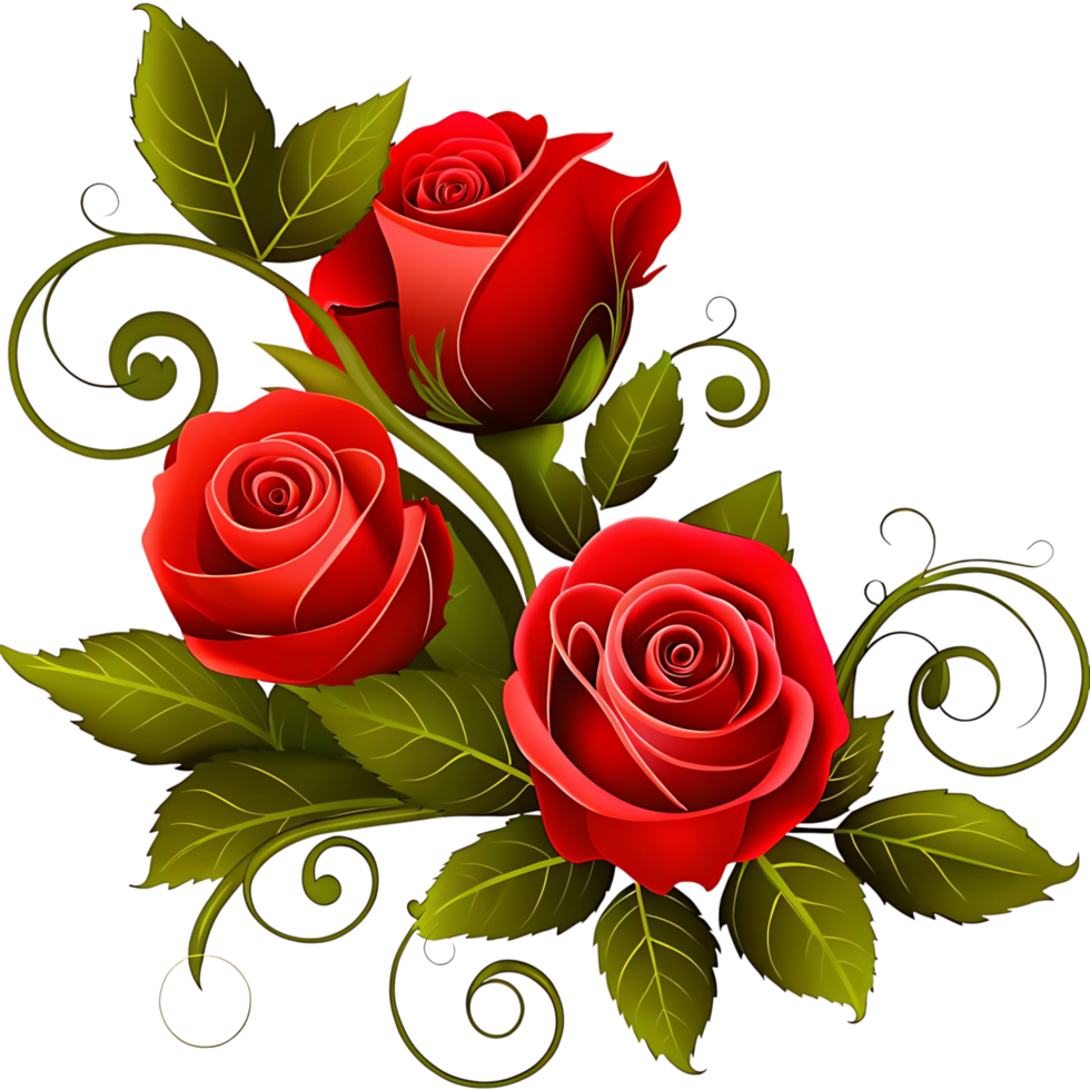 Three Beautiful Red Roses with Lush Green Leaves and Elegant Swirls png