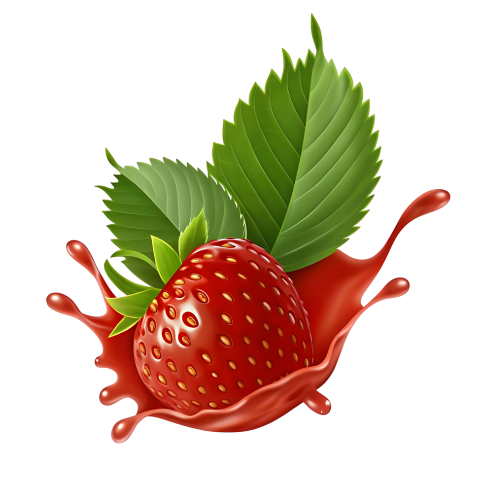 A single ripe strawberry with green leaves splashing in a red juice burst against a transparent background png