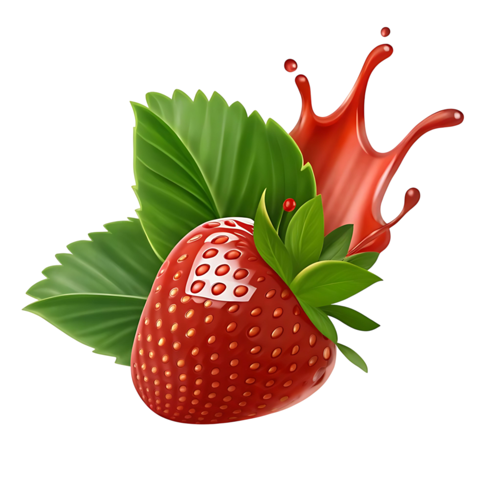 A single ripe strawberry with green leaves and a splash of juice isolated on a transparent background png