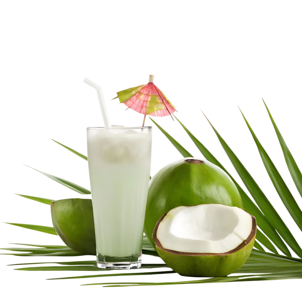 Refreshing Coconut Drink with Ice Cubes and Tropical Umbrella on Palm Leaves png