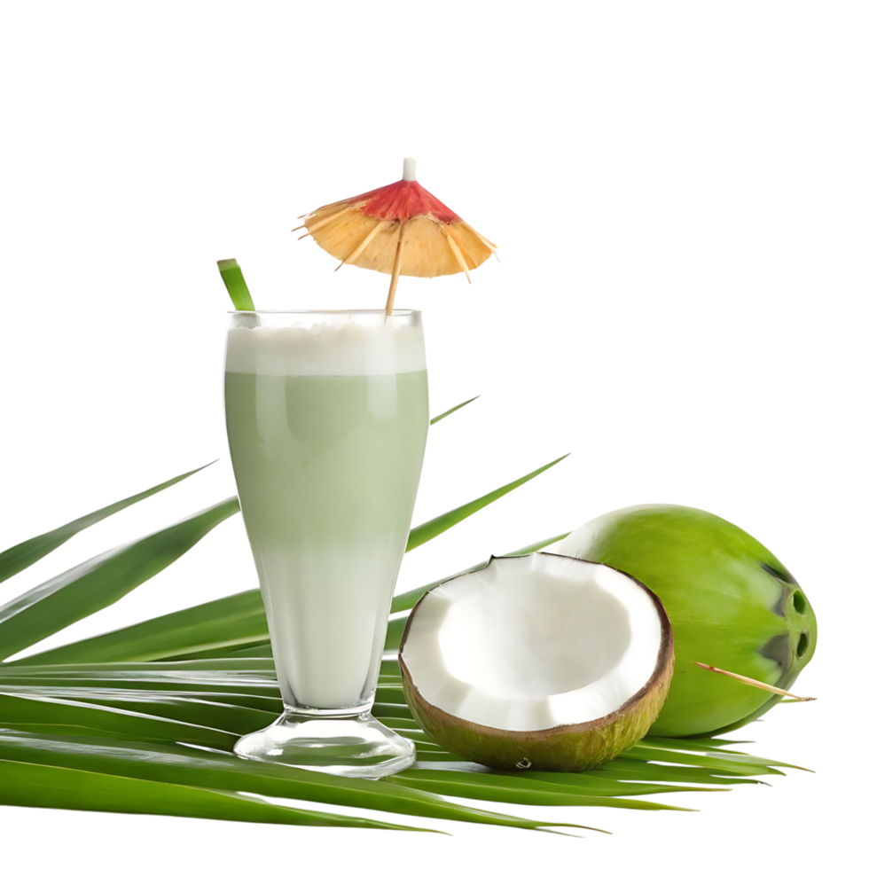 Refreshing Green Coconut Cream Drink with Tropical Garnish on Palm Leaves png