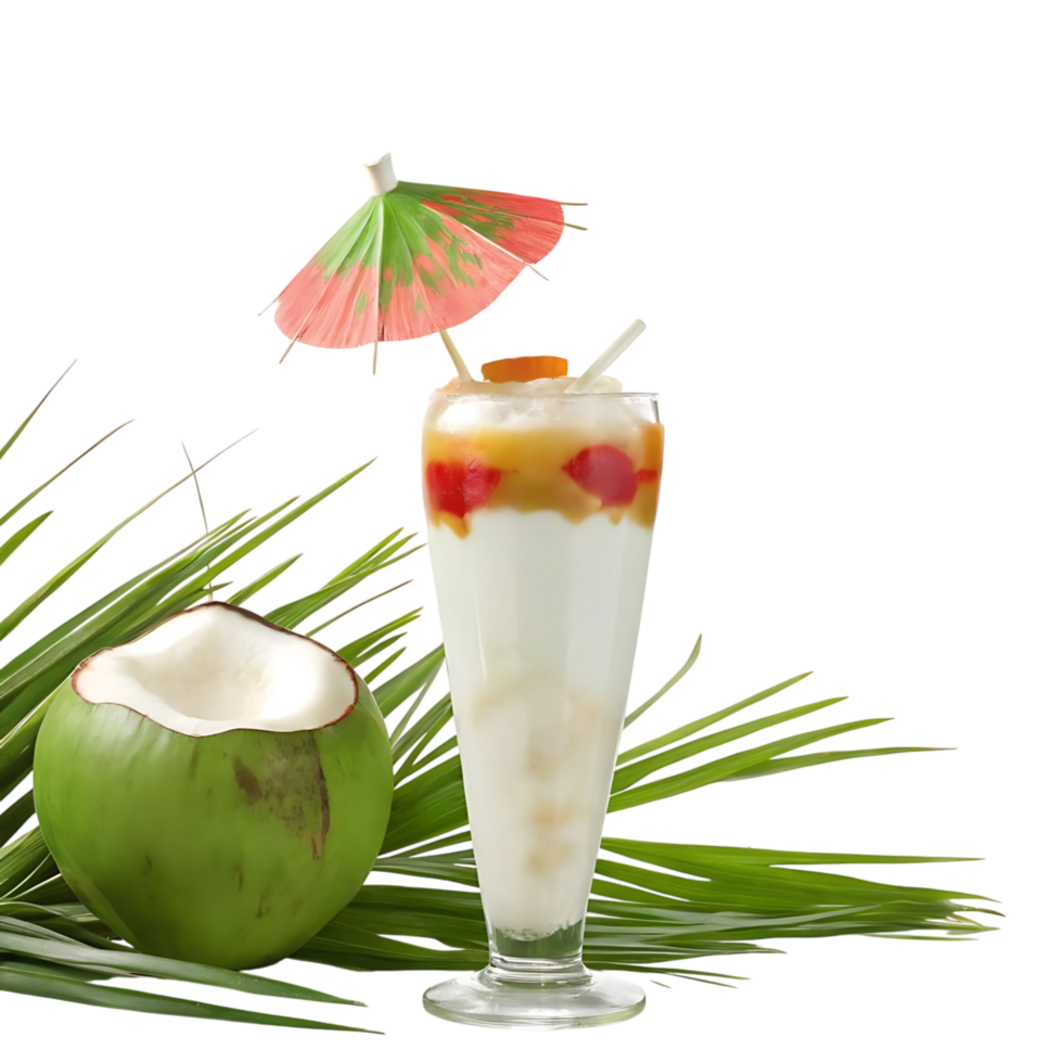 Refreshing Coconut Cream Tropical Cocktail with Colorful Fruit Pieces and a Paper Umbrella png