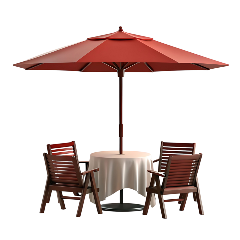 Red patio umbrella shading a small round table with two wooden chairs on a transparent background png