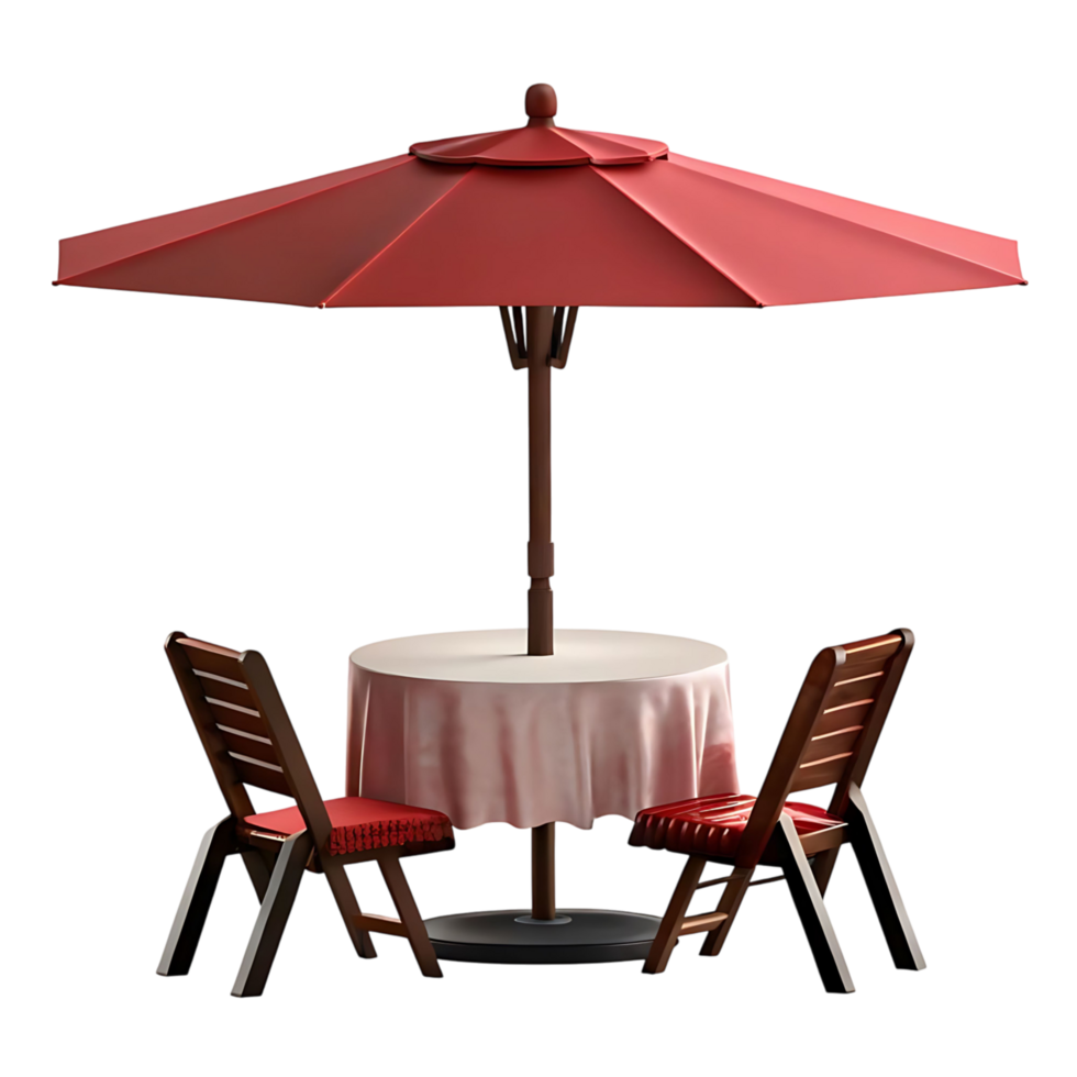 Romantic Outdoor Patio Setting with Red Umbrella Table and Chairs png