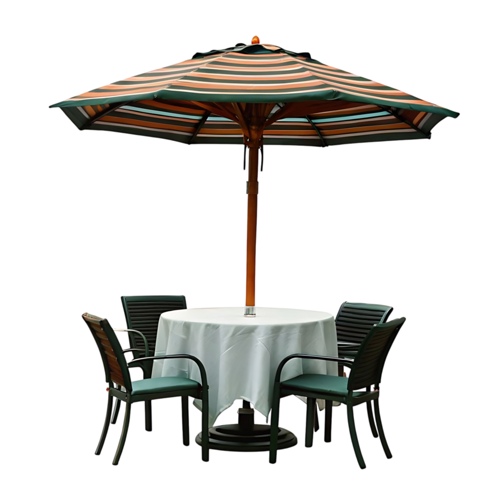 Elegant Outdoor Patio Dining Setup with Striped Umbrella and Dark Green Chairs png