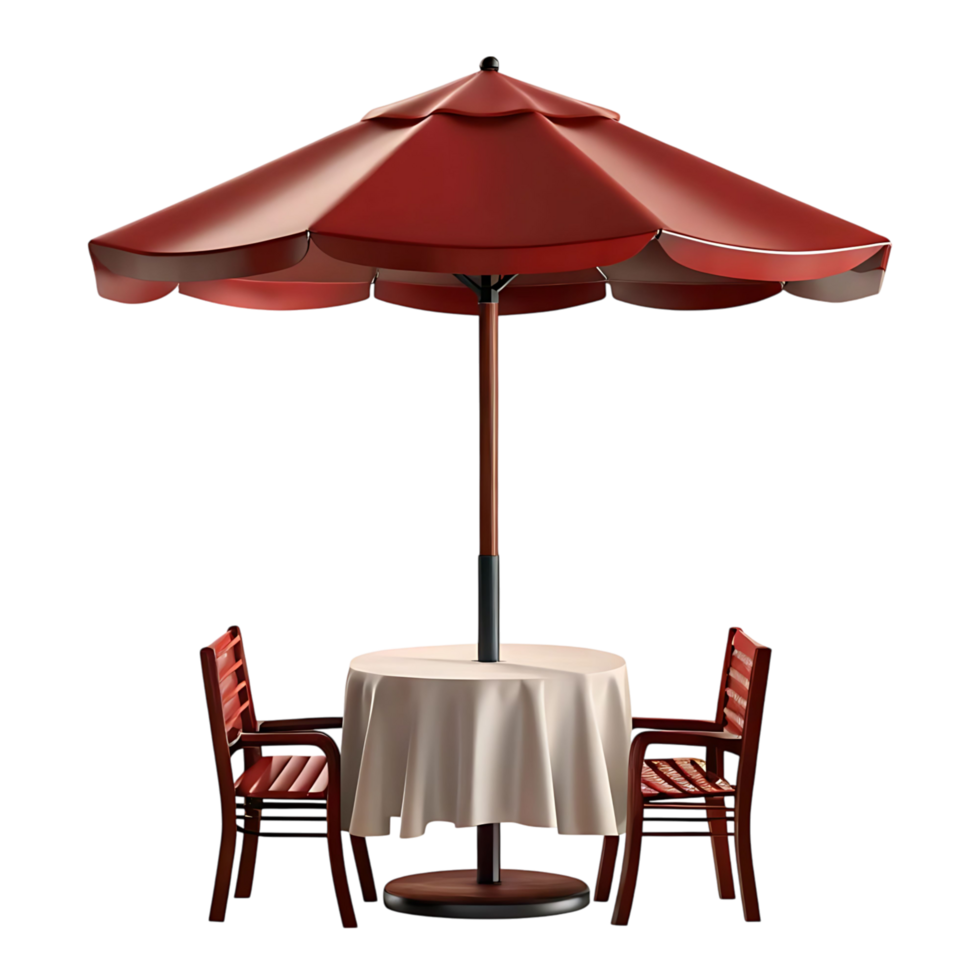 Alfresco Dining Setting with Red Umbrella and Wooden Chairs png