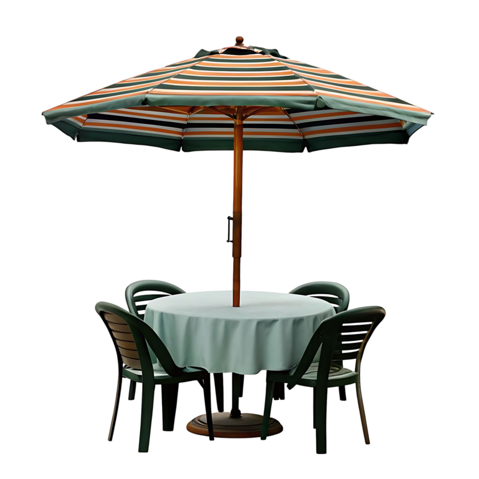Striped Patio Umbrella Shading a Round Table with Four Green Chairs png