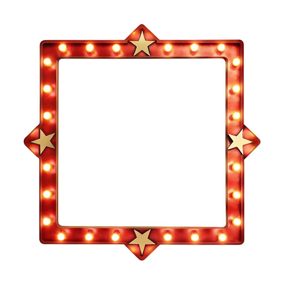 Red Illuminated Square Frame with Golden Stars and Lights Perfect for Marquee Sign Mockup Design png