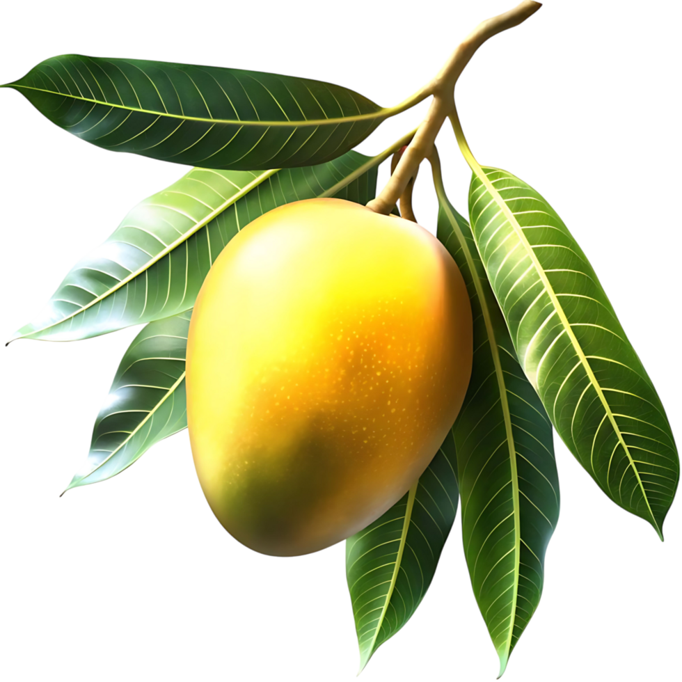 A single ripe yellow mango hanging from a branch with lush green leaves against a transparent background png