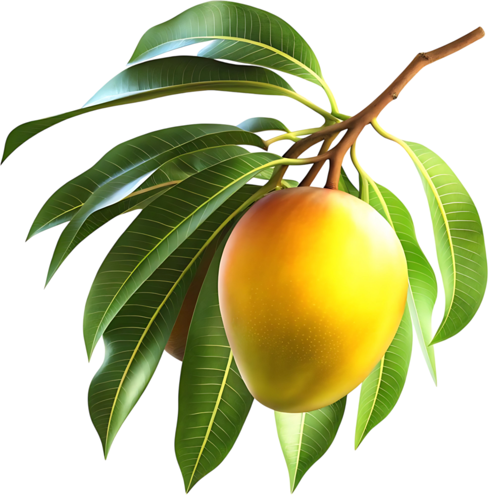 A single ripe mango hanging from a branch with vibrant green leaves against a transparent background a delicious tropical fruit png