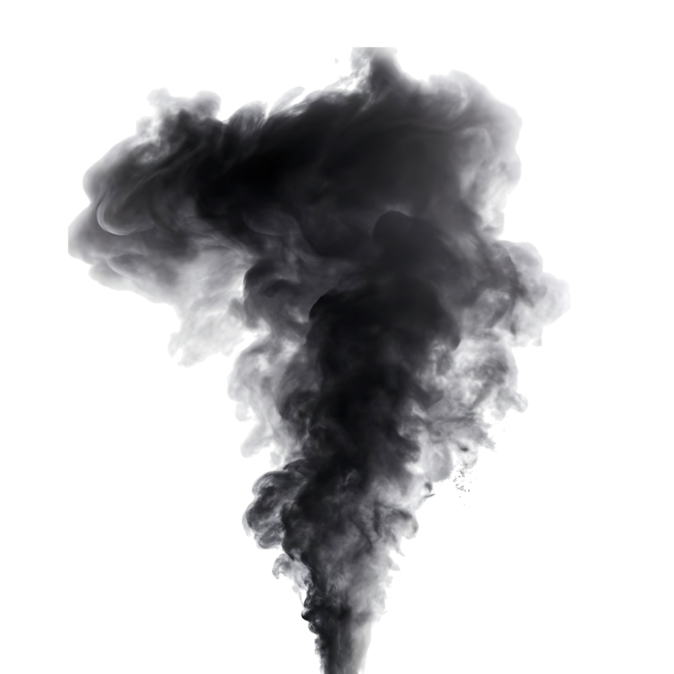 Abstract grayscale of a swirling smoke plume against a transparent background. The smoke is dark grey and light grey, creating a dynamic and textured visual effect png