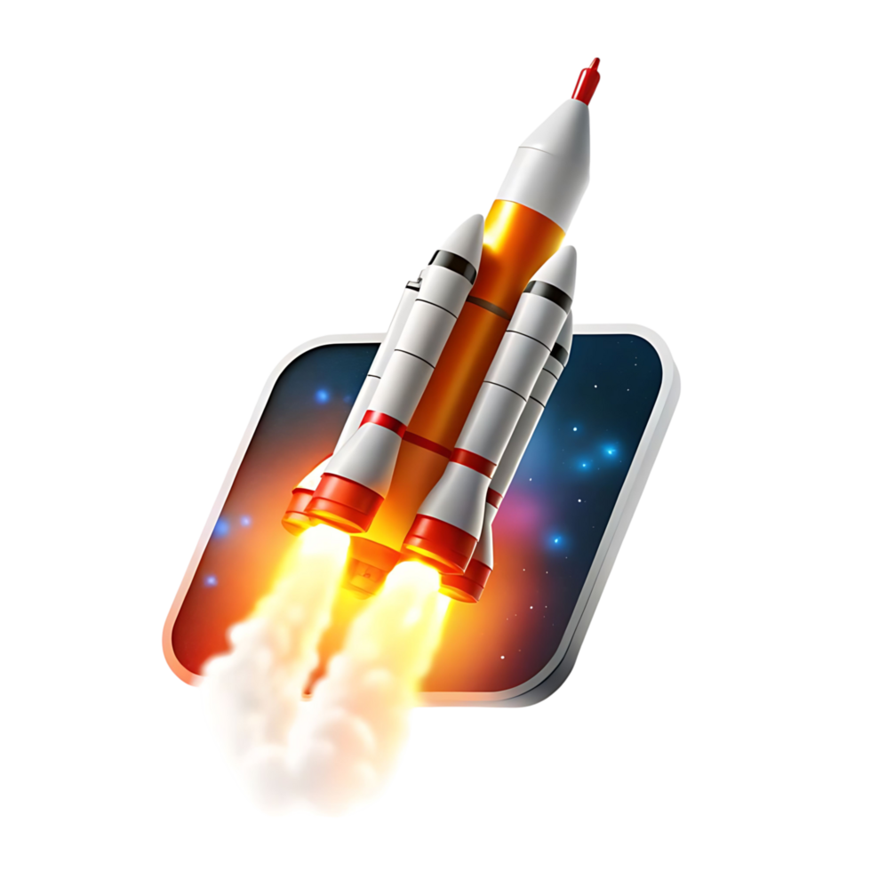 Powerful Rocket Launching into Space with Fiery Exhaust and Starry Background in App Icon Style png