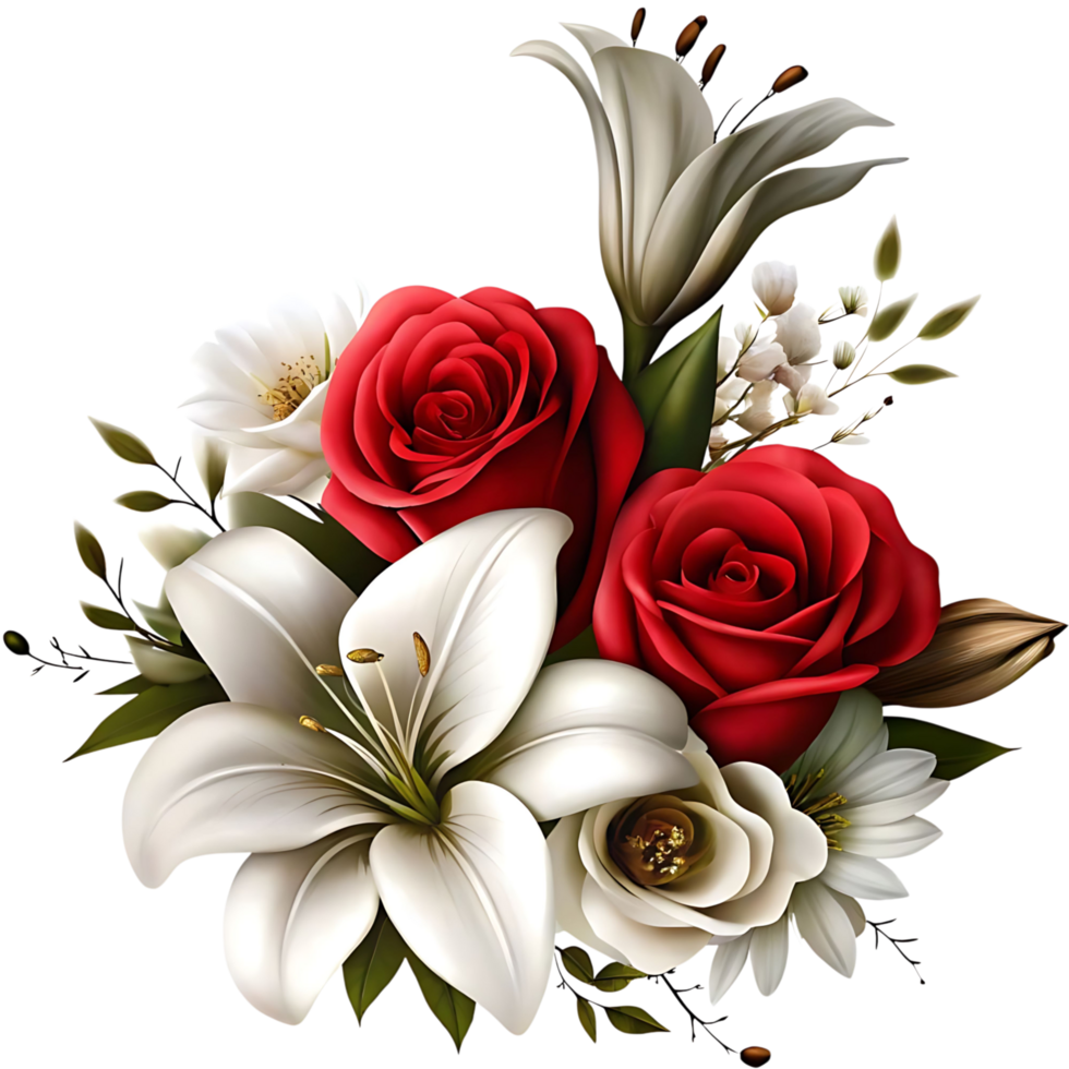 Stunning Bouquet of Red Roses and White Lilies with Delicate White Flowers and Greenery png