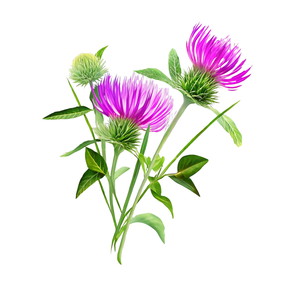 A delightful bouquet of vibrant purple thistle flowers and lush green foliage against a stark transparent background png