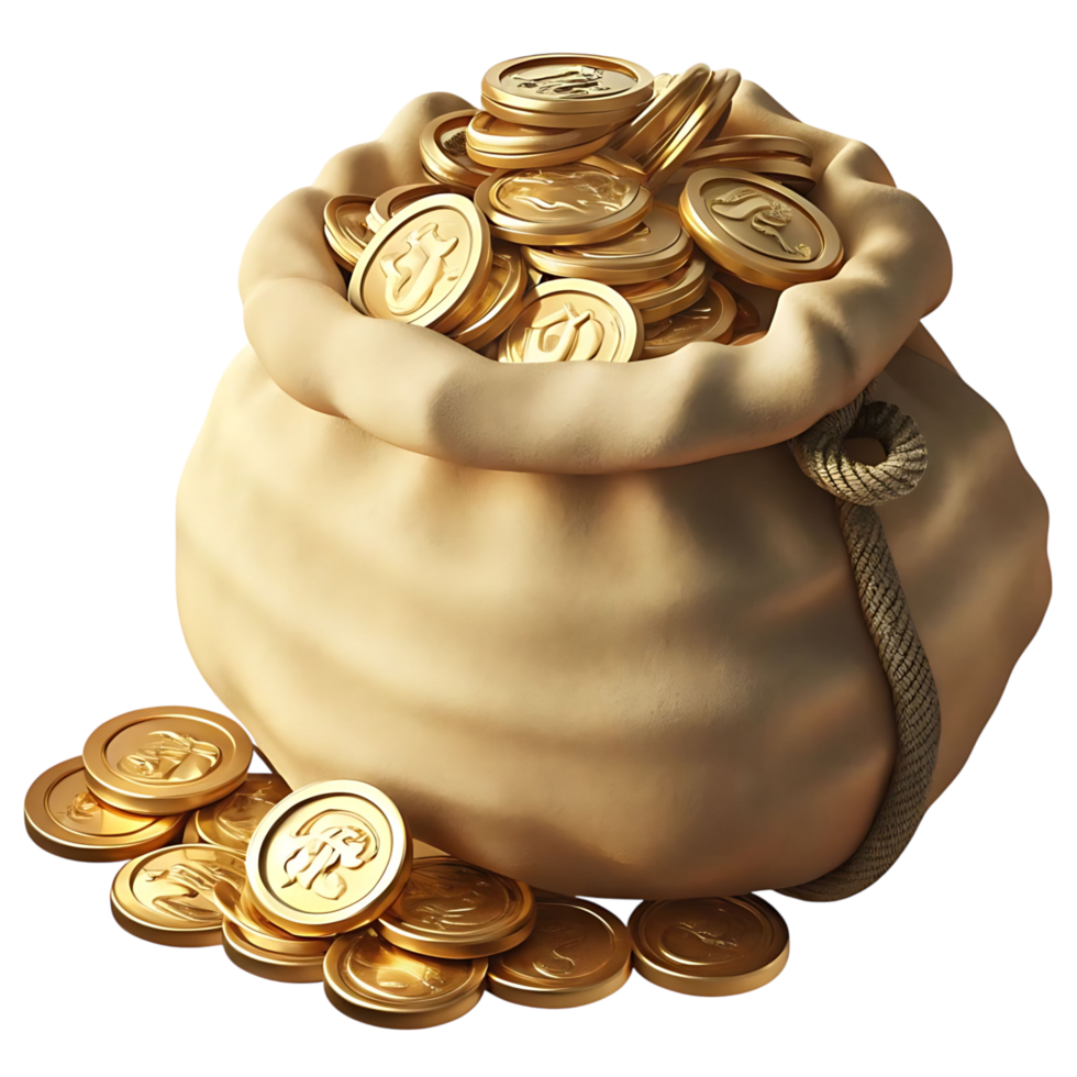 A Burlap Sack Overflowing with Shiny Golden Coins Wealth Fortune Treasure png