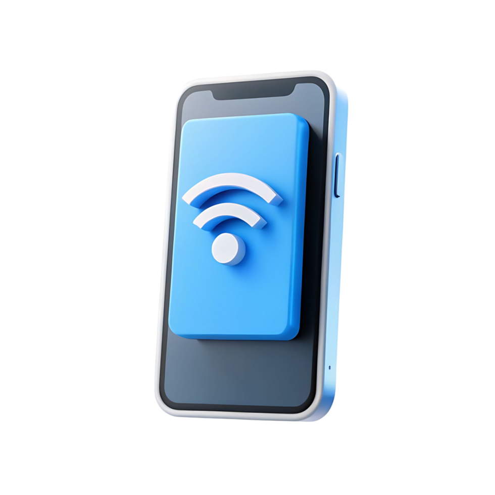 3D Render of Smartphone Displaying Wifi Symbol Blue and White Theme Modern Technology Wireless Connection png