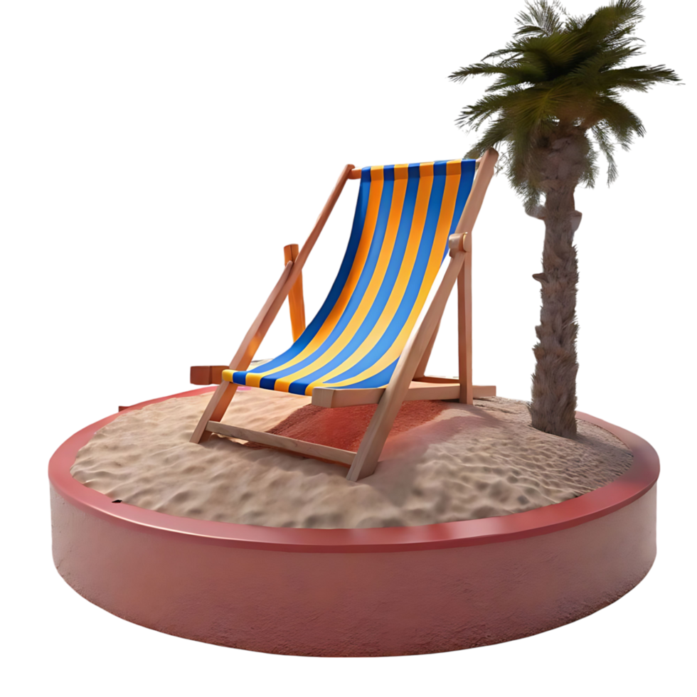 Striped Deck Chair on a Sandy Island with a Palm Tree Summer Vacation Relaxation Scene png
