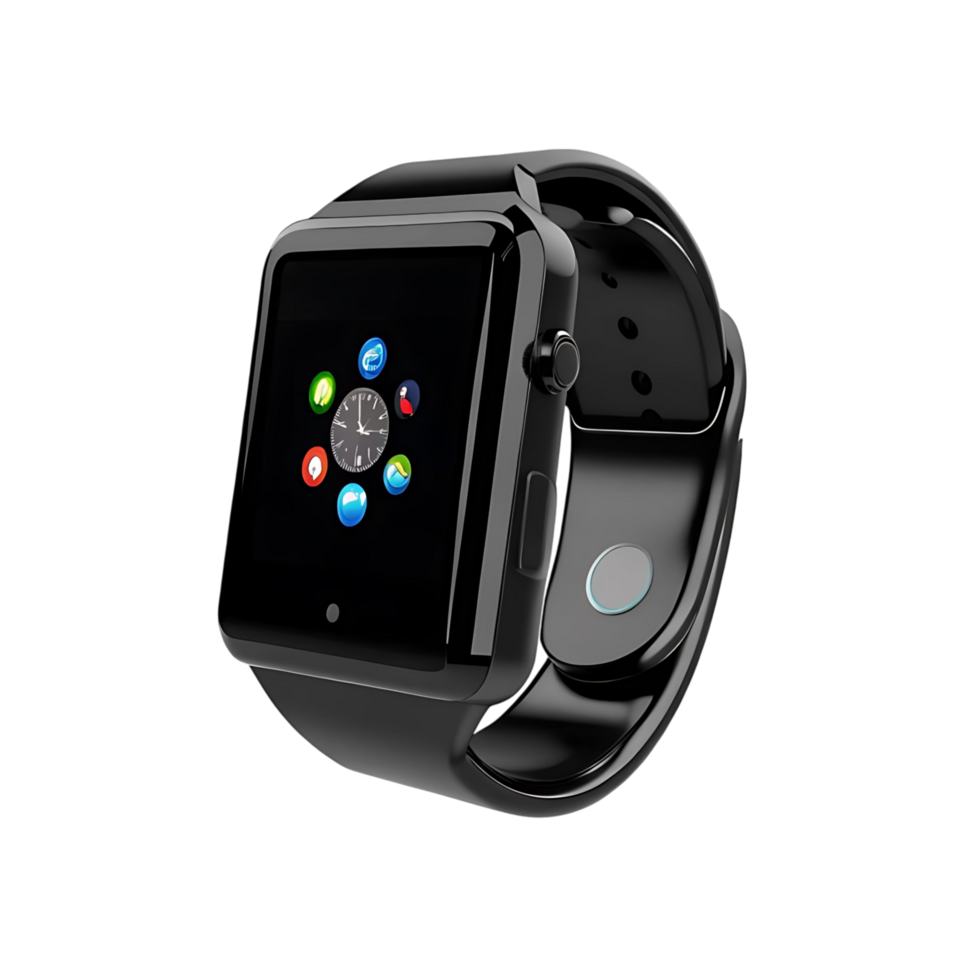 pulcro transparente reloj inteligente con aplicación íconos y huella dactilar sensor mostrando hora y múltiple aplicaciones png