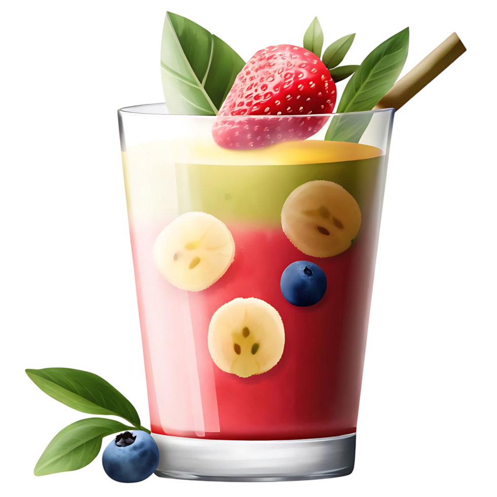 Delicious layered strawberry banana blueberry smoothie in a glass with a straw and garnished with fresh mint leaves png