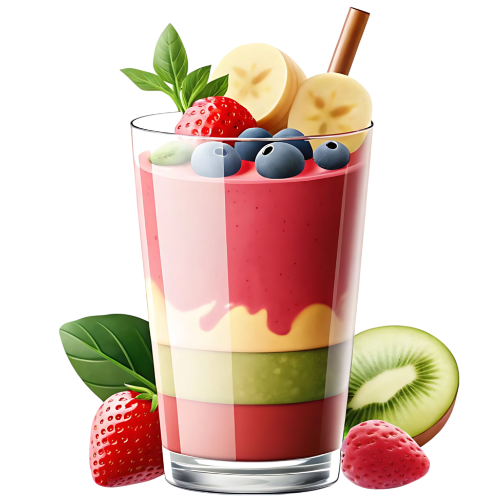 Delicious Layered Smoothie with Strawberries Banana Kiwi and Blueberries in a Glass png