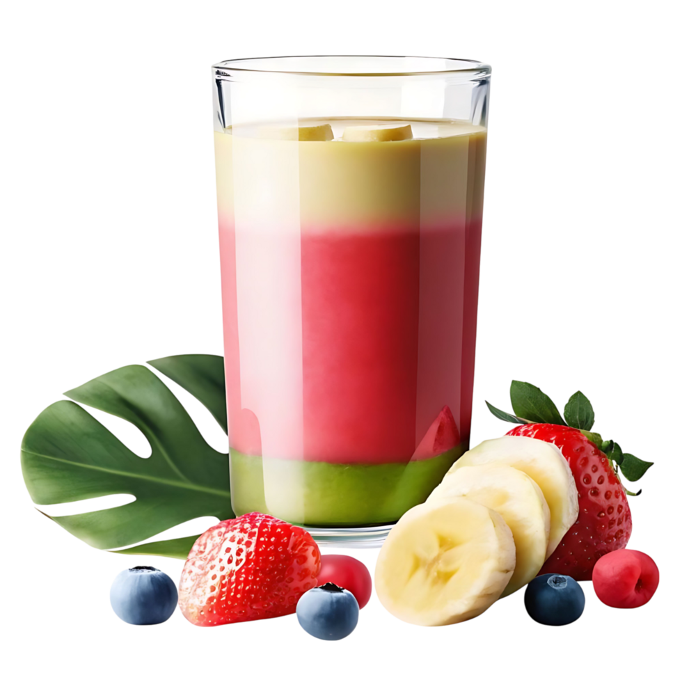 Delicious Layered Smoothie with Strawberries Bananas Blueberries and Tropical Leaf png