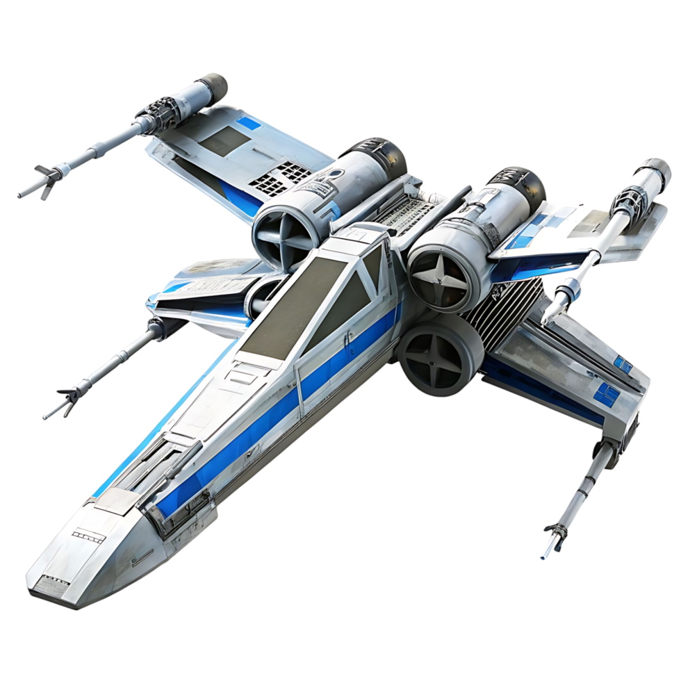 Detailed Render of a Blue and White XWing Starfighter Spaceship Model Against a transparent Background png