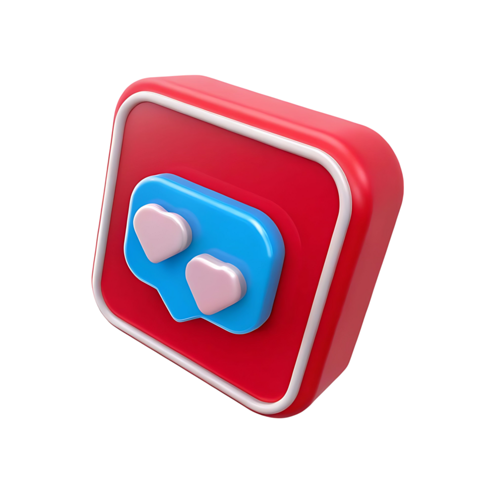 3D Red Square Button with Two Pink Hearts in a Blue Speech Bubble Icon Design Element png